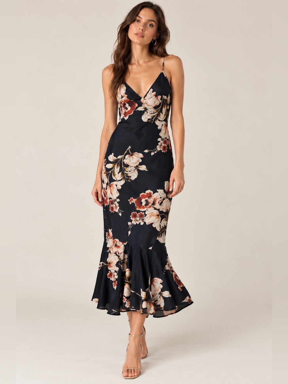 ZARA Basic Navy Floral V-Neck Open Back Ruffle Midi Dress Size S